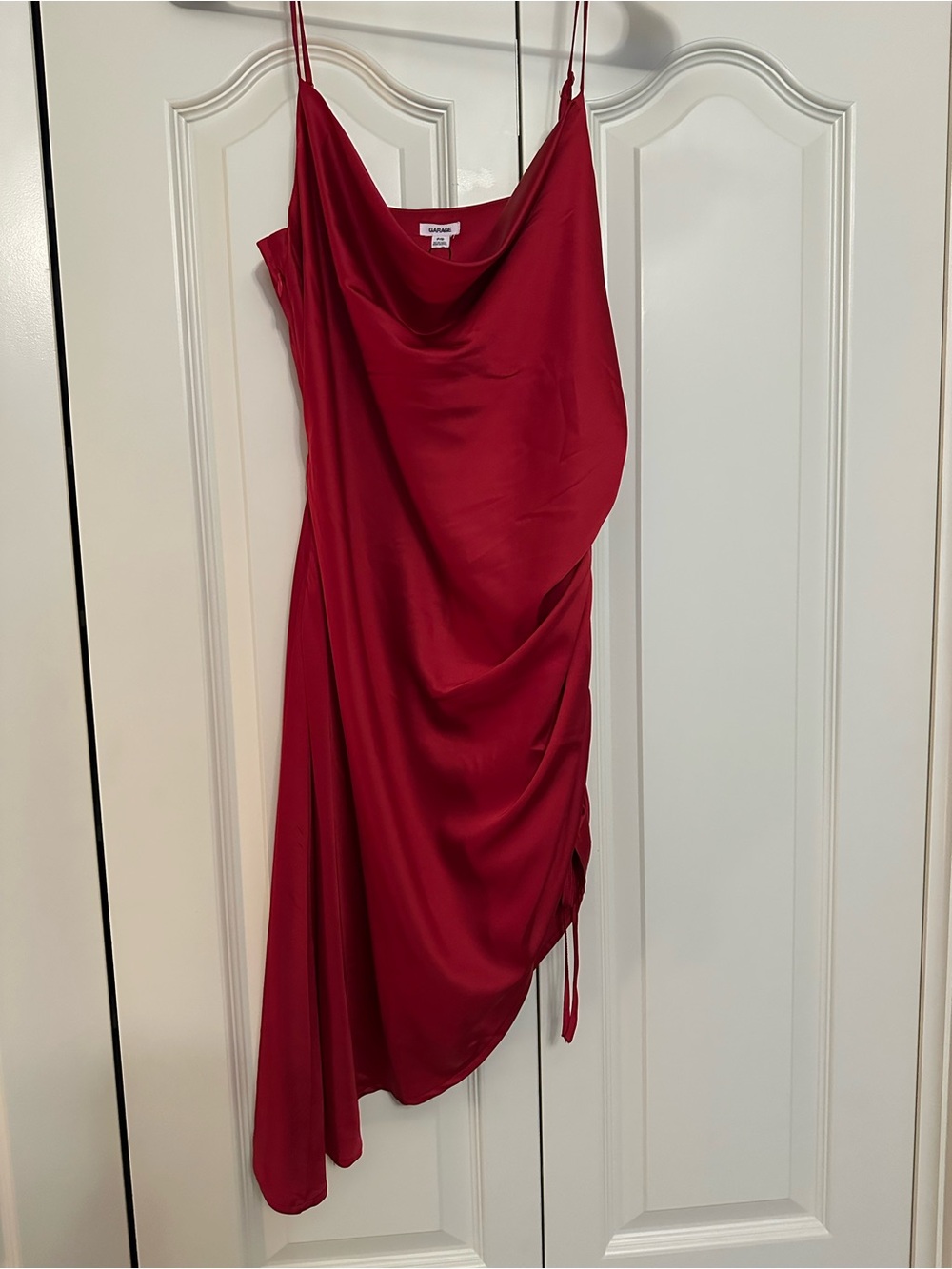 Garage Red Asymmetrical Satin Slip Dress with Cowl Neck